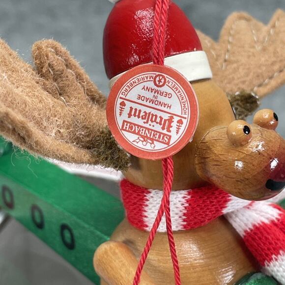 Vintage Steinbach Handcrafted Wood Christmas Ornament Moose Flying Plane Germany - Picture 8 of 8